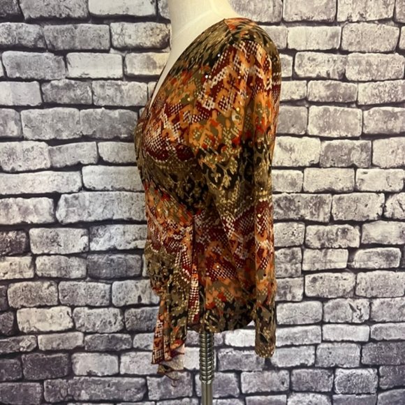 Brittany Black Multicolored 3/4 Sleeve Faux Wrap Blouse Size PS - Picture 4 of 9